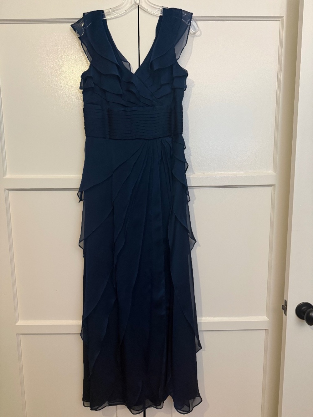 Adrianna Papell Navy Chiffon Tiered Gown Size 6